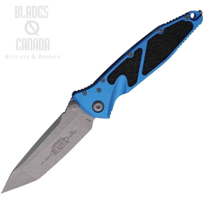 Microtech Socom Elite Folding Knife, M390 Apocalyptic, Aluminum Blue, Glass Breaker, 161-10 APBL