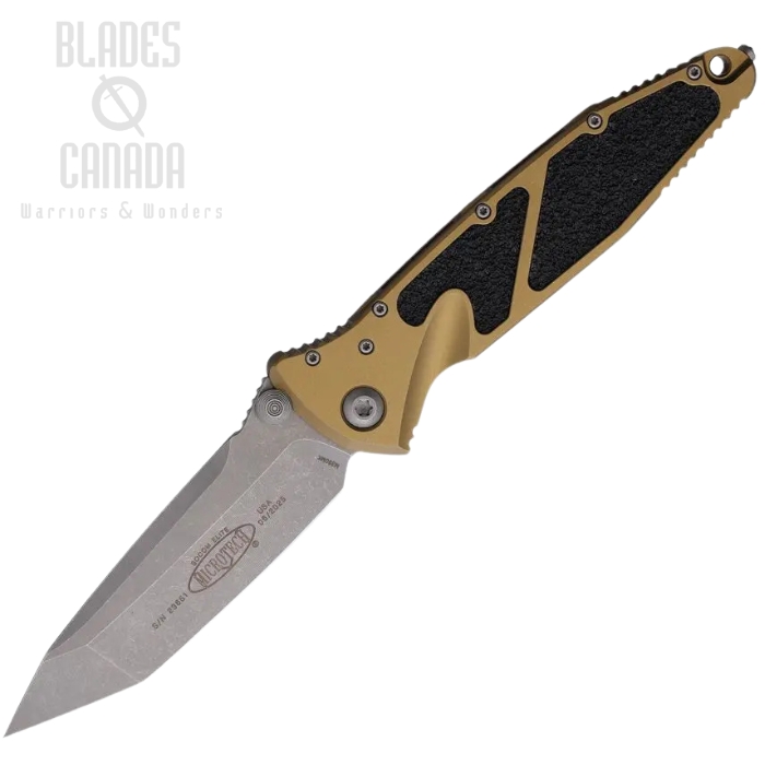 Microtech Socom Elite T/E Folding Knife, M390 Apocalyptic, Aluminum Tan, Glass Breaker, 161-10APTA