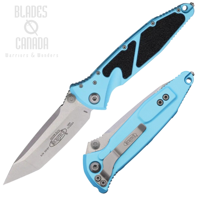 Microtech Socom Elite T/E Folding Knife, M390 Stonewash, Aluminum Turquoise, Glass Breaker, 161-10TQ