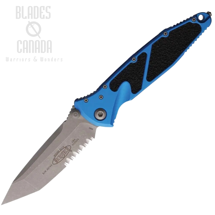 Microtech Socom Elite T/E Folding Knife, M390 Apocalyptic Partially Serrated, Aluminum Blue, 161-11APBL