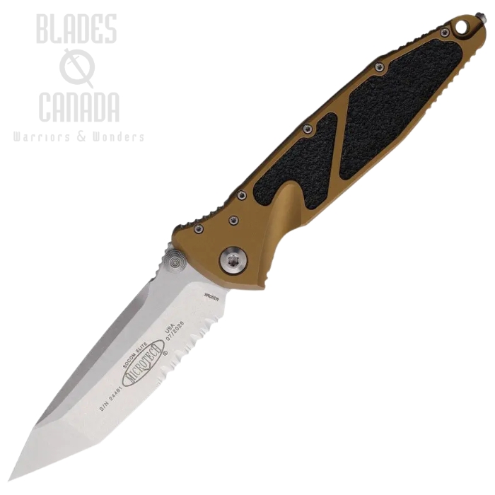 Microtech Socom Elite T/E Folding Knife, M390 SW Partially Serrated, Aluminum Tan, 161-11TA