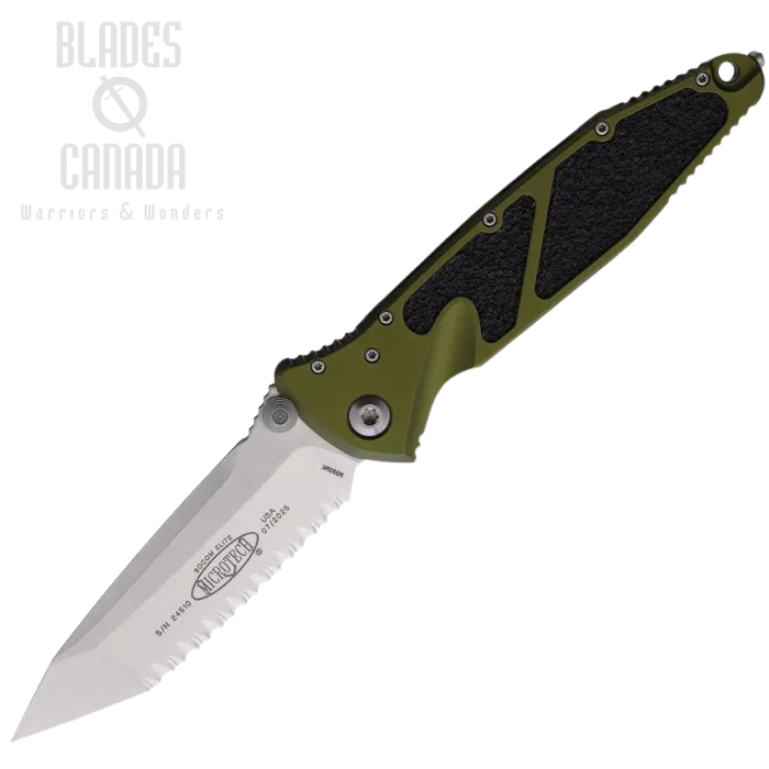 Microtech Socom Elite T/E Folding Knife, M390 SW Serrated, Aluminum OD Green, 161-12OD