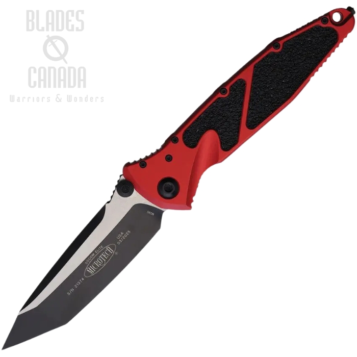 Microtech Socom Elite T/E Folding Knife, M390 Two-Tone, Aluminum Red, Glass Breaker, 161-1RD