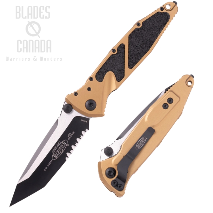 Microtech Socom Elite T/E Folding Knife, M390 Two-Tone Serrated, Aluminum Tan w/Black Traction, 161-2TA Microtech Socom Elite T/E Folding Knife, M390 Two-Tone Serrated, Aluminum Tan w/Black Traction, 161-2TA