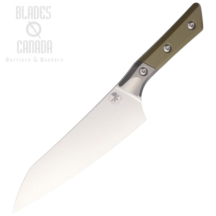 (image for) Microtech Kitche Chef's Knife, M390MK Stonewash, G10 OD Green Textured w/Titanium Bolsters, Felted Sheath, 3000B-10OD