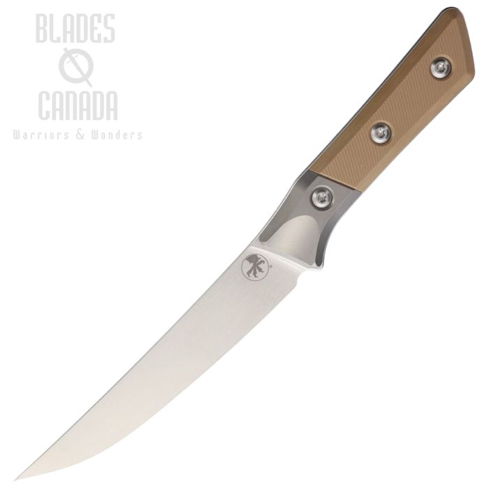 Microtech Kitchen Boning Knife, M390MK Stonewash, G10 Coyote Tan Textured w/Titanium Bolster, Felted Sheath, 3100B-10CE (image for) Microtech Kitchen Boning Knife, M390MK Stonewash, G10 Coyote Tan Textured w/Titanium Bolster, Felted Sheath, 3100B-10CE