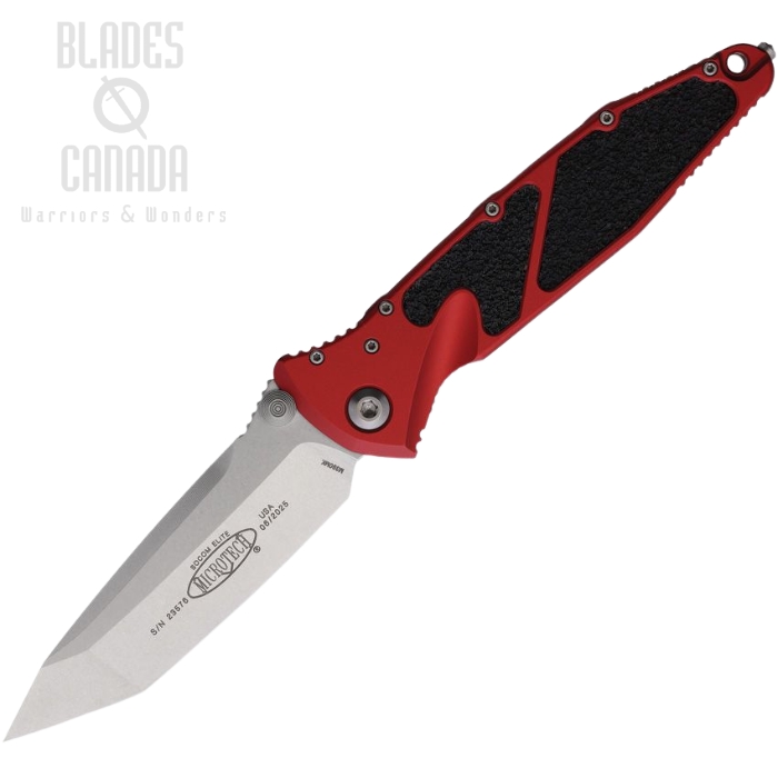 Microtech Socom Elite Folding Knife, M390 Stonewash, Aluminum Red/Black Traction, 161-10RD