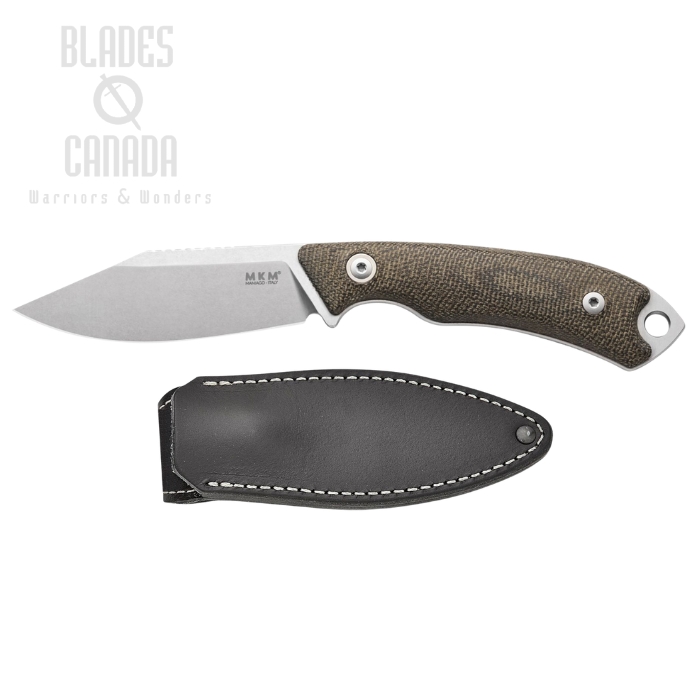 (image for) MKM Maniago Pocket Tango 4 Fixed Blade Knife, Elmax Stonewash, Micarta Green, Leather Sheath, MK PT4-GC