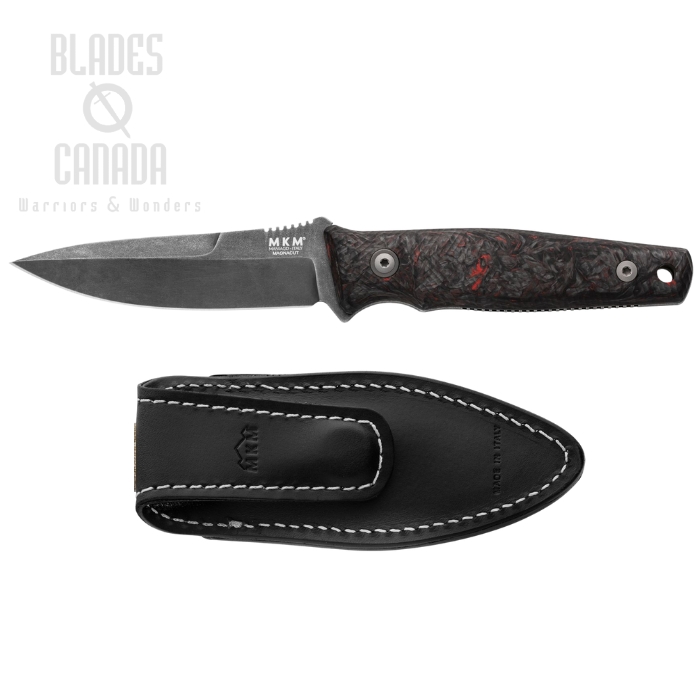 MKM Maniago TPF Defense Fixed Blade Knife, Magnacut Dark SW, Carbon Fiber Black/Red, Leather Sheath, MK TPFD-CFDRD