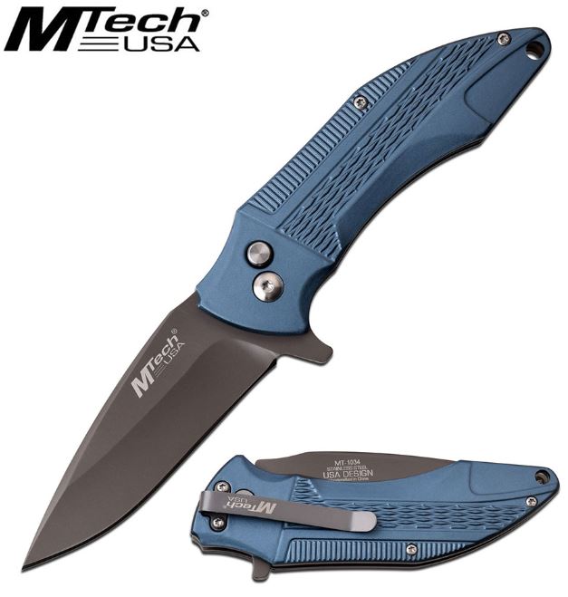 Mtech Knives Flipper Folding Knife, Blue Aluminum Handle, Button Lock, MT1034BL - Click Image to Close