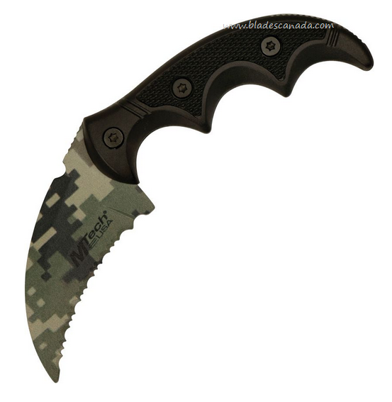 Mtech MT2063C Fixed Blade Knife, Stainless Camo Serrated, Aluminum Black, ABS Sheath