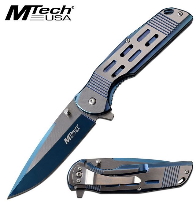 Mtech A1019BL Flipper Framelock Knife, Assisted Opening, Blue/Gray Stainless