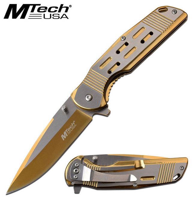 Mtech A1019GD Flipper Framelock Knife, Assisted Opening, Gold Finish