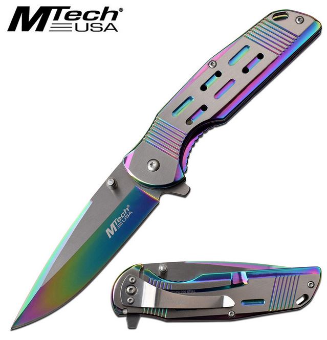 Mtech A1019RB Flipper Framelock Knife, Assisted Opening, Rainbow