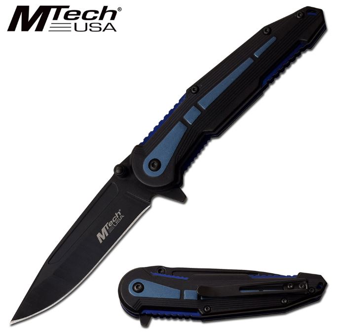 Mtech A1077BL Flipper Folding Knife, Assisted Opening, Black/Blue Aluminum