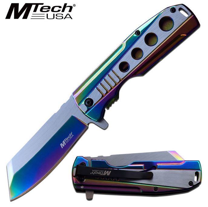 Mtech Knives Flipper Framelock Folder, Rainbow Stainless Handle, Assisted Opening, MTA1107RB