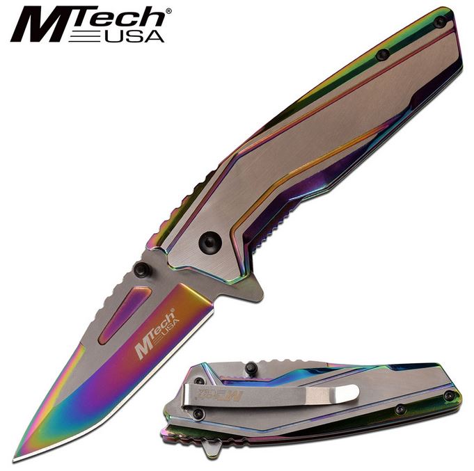 Mtech Knives Flipper Folder, Rainbow Handle & Blade, Assisted Opening, MTA1117RB