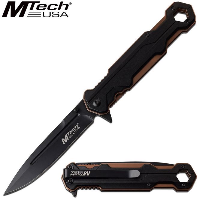 Mtech A1128BZ Flipper Folding Knife, Assisted Opening, Black/Tan Handle - Click Image to Close