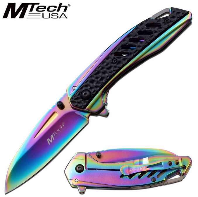 Mtech A1133RB Flipper Framelock Knife, Assisted Opening, Rainbow Stainless