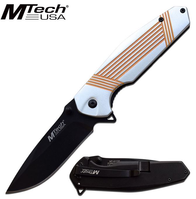Mtech A1137GOR Flipper Framelock Knife, Assisted Opening, Aluminum Gray/Orange - Click Image to Close