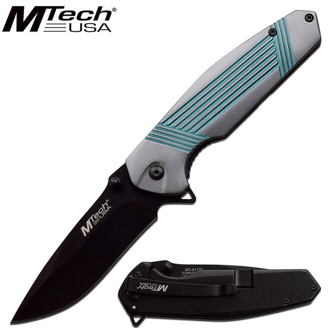 Mtech Knives Flipper Framelock Folder, Gray/Teal Aluminum Handle, Assisted Opening, MTA1137GTQ - Click Image to Close