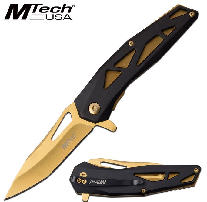 Mtech A1141GD Flipper Folding Knife, Assisted Opening, Aluminum Gold