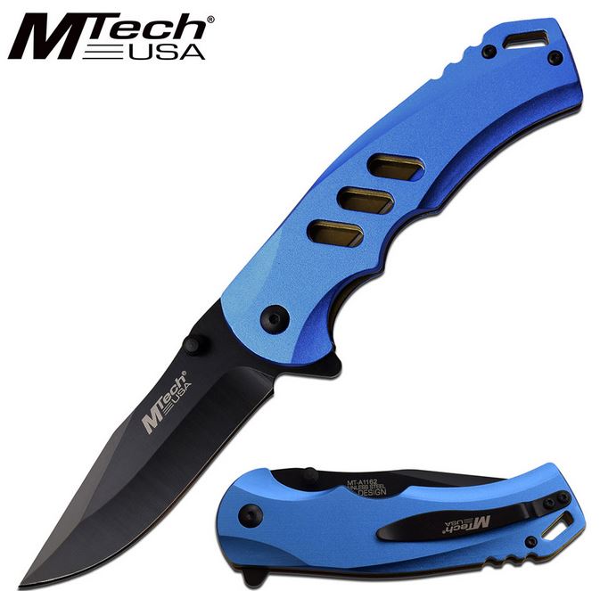 Mtech Knives Flipper Folding Knife, Assisted Opening, Aluminum Blue, MTA1162BL