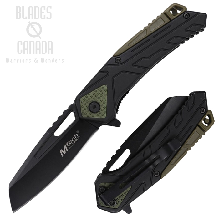 Mtech Flipper Folding Knife, Assisted Opening, Stainless Black, Nylon Green/Black, 2001BG