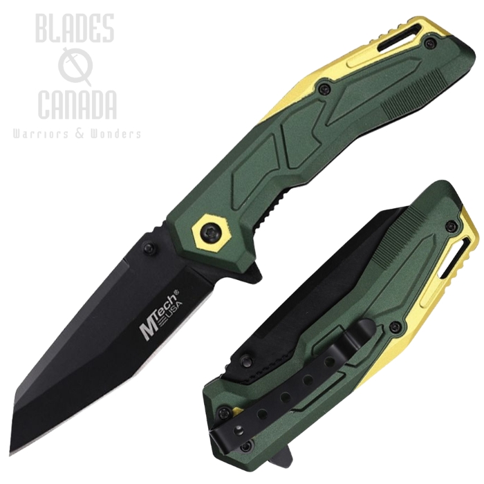 Mtech Flipper Folding Knife, Assisted Opening, Stainless Black, Aluminum OD Green/Gold, 2034OD