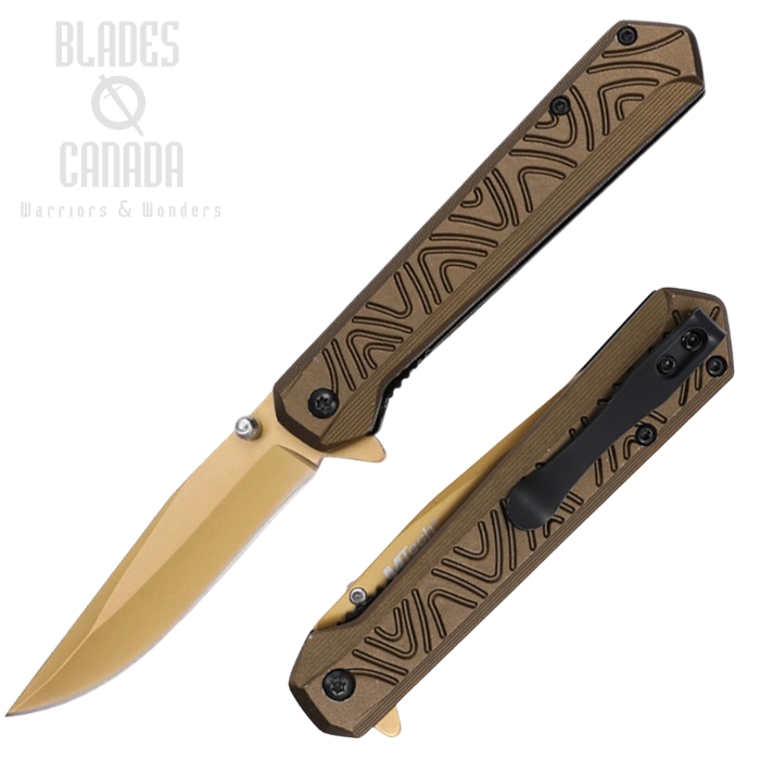Mtech Flipper Folding Knife, Assisted Opening, Stainless Bronze, Aluminum Green, 2036GN