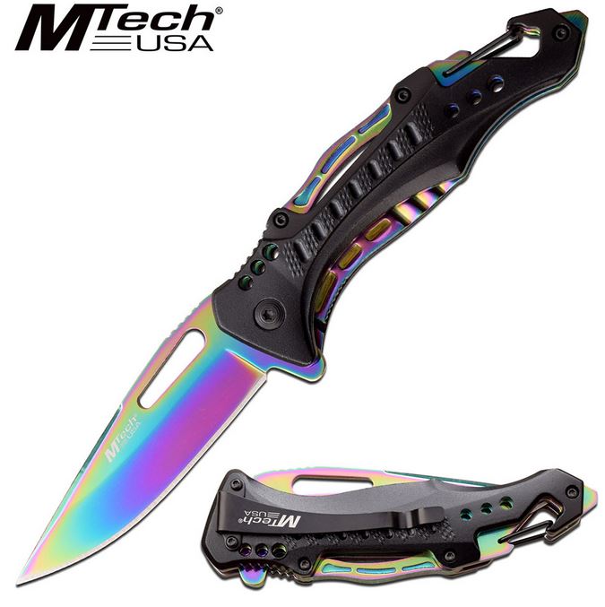 Mtech A705G2RB Flipper Folding Knife, Assisted Opening, Aluminum Rainbow - Click Image to Close