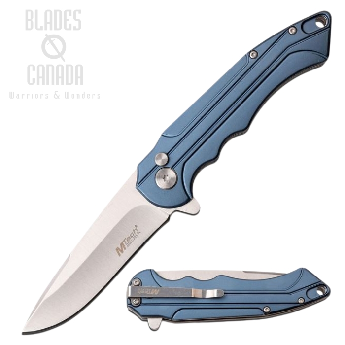 (image for) Mtech Knives Flipper Folding Knife, Blue Aluminum Handle, Button Lock, MT1022BL