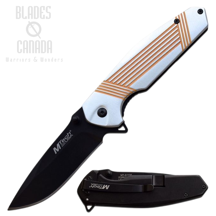 (image for) Mtech A1137GOR Flipper Framelock Knife, Assisted Opening, Aluminum Gray/Orange