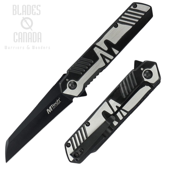 MTech Flipper Framelock Knife, Assisted Opening, Stainless Black, Stainless Black/Silver Handle, MTA2005BT