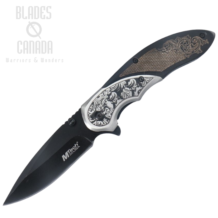 Mtech Flipper Folding Knife, Assisted Opening, Black Blade, Wood/Stainless, 2006BB