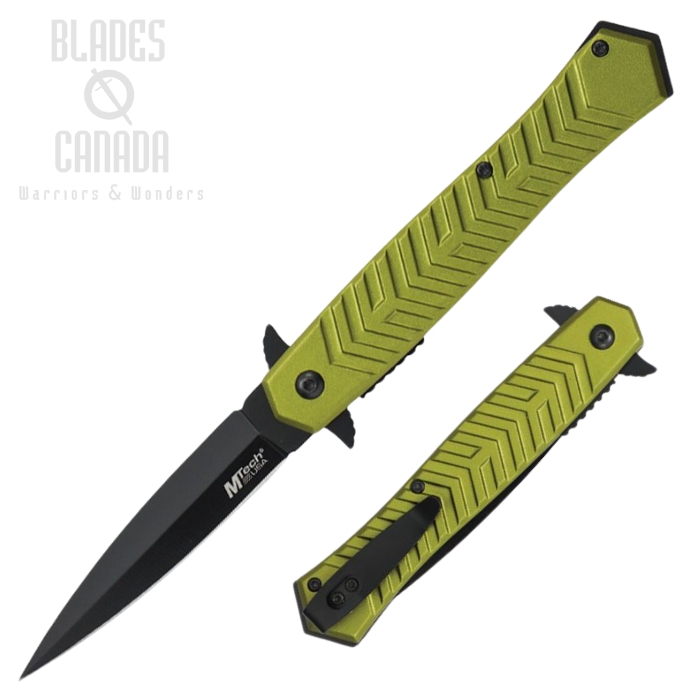 MTech Flipper Folding Knife, Assisted Opening, Stainless Black, Aluminum Green, MTA2025GN