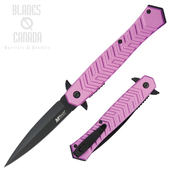 MTech Flipper Folding Knife, Assisted Opening, Stainless Black, Aluminum Pink, MTA2025PK