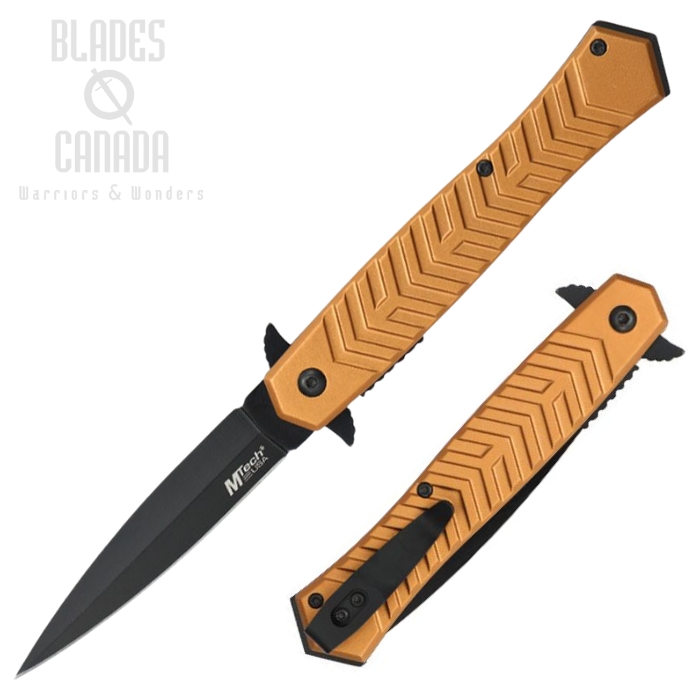MTech Flipper Folding Knife, Assisted Opening, Stainless Black, Aluminum Tan, MTA2025TN