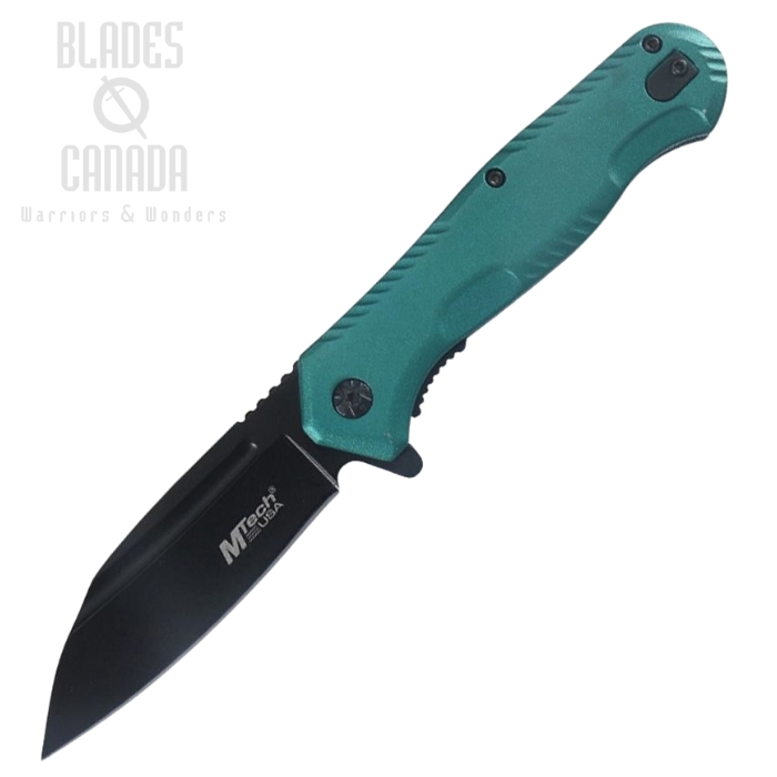 Mtech Flipper Folding Knife, Black Blade, Aluminum Green, MTA2033GN