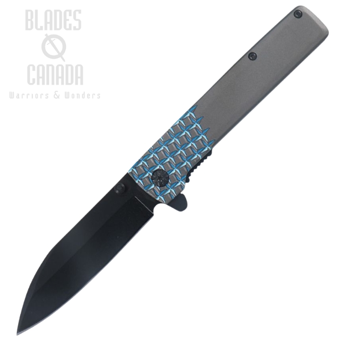 Mtech Flipper Folding Knife, Assisted Opening, Black Blade, Aluminum Gray/Blue, 2037BL