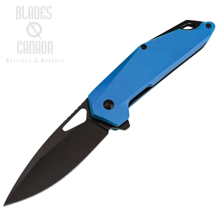 Mtech Flipper Folding Knife, Assisted Opening, Black Blade, Aluminum Blue, 2038BL