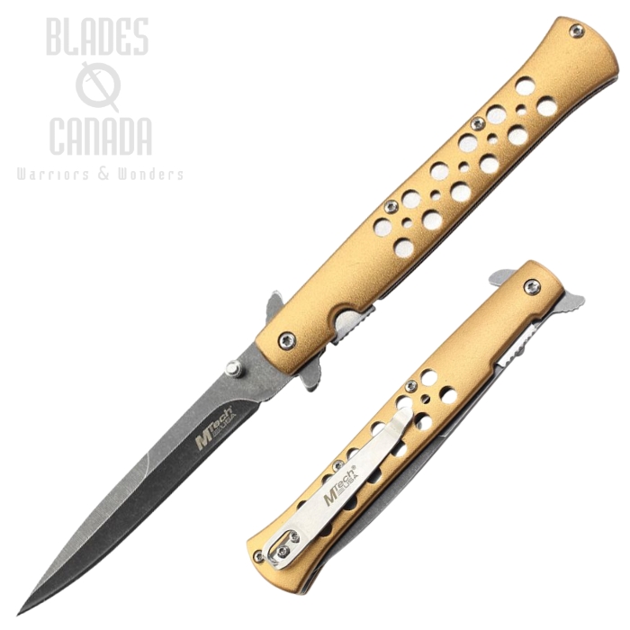 MTech Flipper Folding Knife, Assisted Opening, Stainless Black SW, Aluminum Gold, MTA2042GD