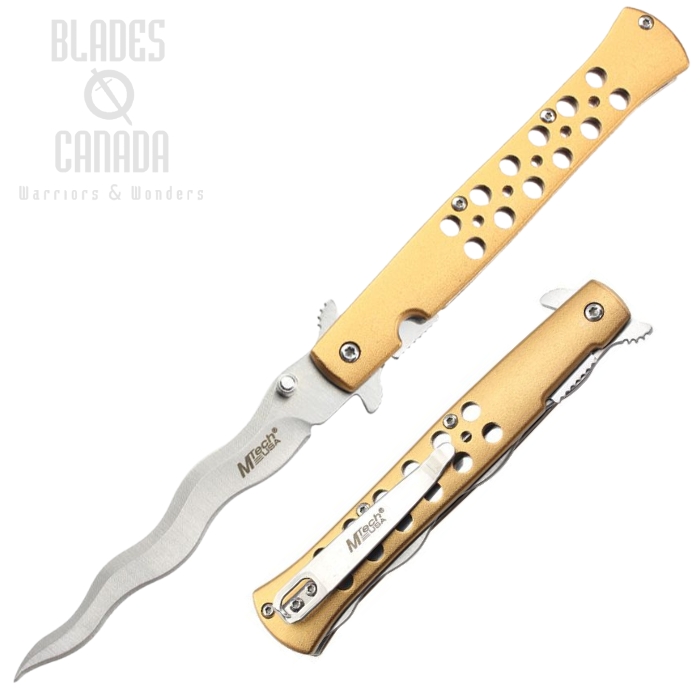 MTech Flipper Folding Knife, Assisted Opening, Stainless Satin, Aluminum Gold, MTA2042WG