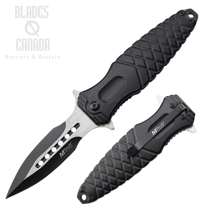 MTech Flipper Folding Dagger Knife, Assisted Opening, Stainless Two-Tone, Aluminum Black Ano, MTA2044BK