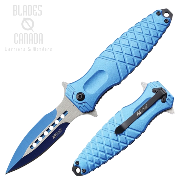 MTech Flipper Folding Dagger Knife, Assisted Opening, Stainless Blue, Aluminum Blue Ano, MTA2044BL