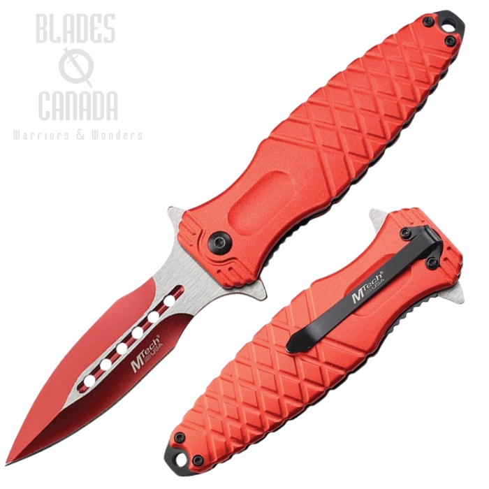MTech Flipper Folding Dagger Knife, Assisted Opening, Stainless Red, Aluminum Red Ano, MTA2044RD