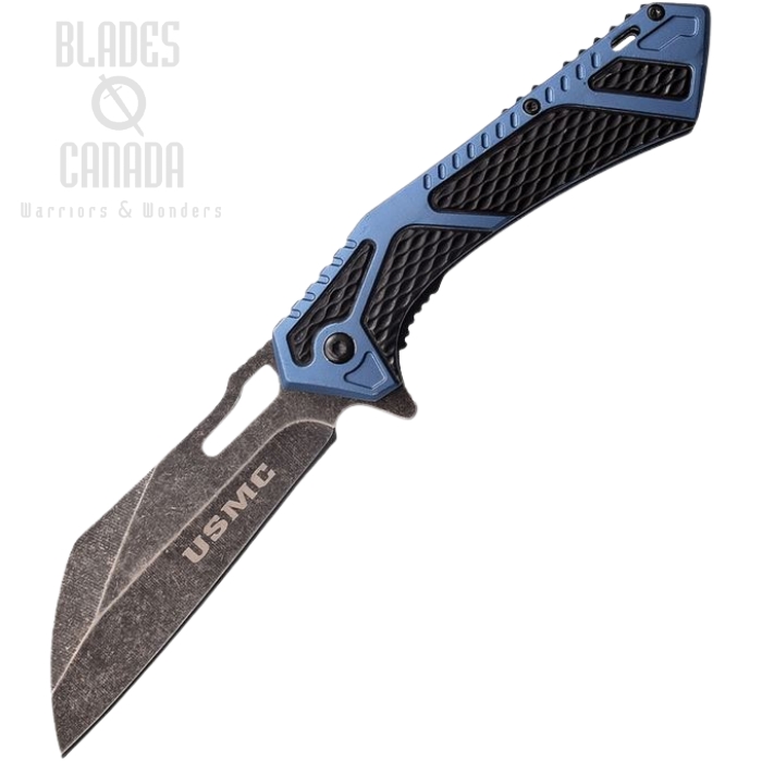 (image for) USMC USMA1063BL Folding Knife, Assisted Opening, Black/Blue Handle, USMA1063BL