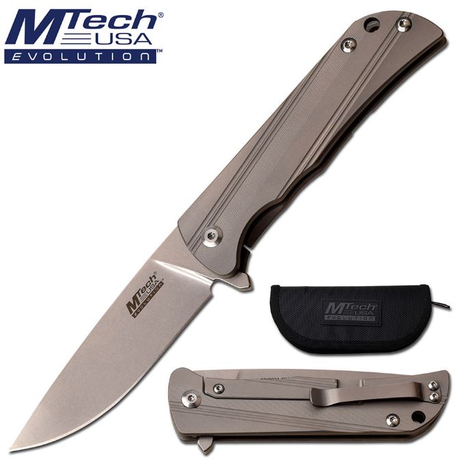 Mtech Knives Evolution Flipper Framelock D2, Titanium Handle, EFDR021GY - Click Image to Close