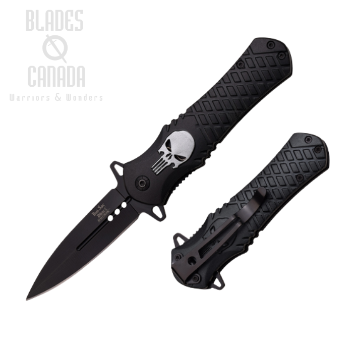 Dark Side Silver Skull Flipper Folding Knife, Steel Black, Aluminum Black, DSA014BK (image for) Dark Side Silver Skull Flipper Folding Knife, Steel Black, Aluminum Black, DSA014BK