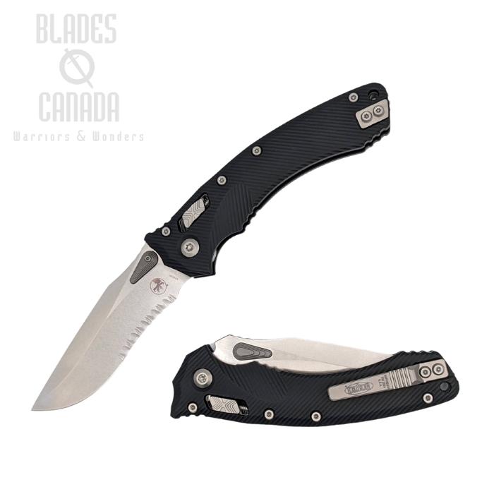 Microtech Amphibian RAM-LOK Folding Knife, M390MK Partially Serrated, Aluminum Black, 137RL-11FLBK